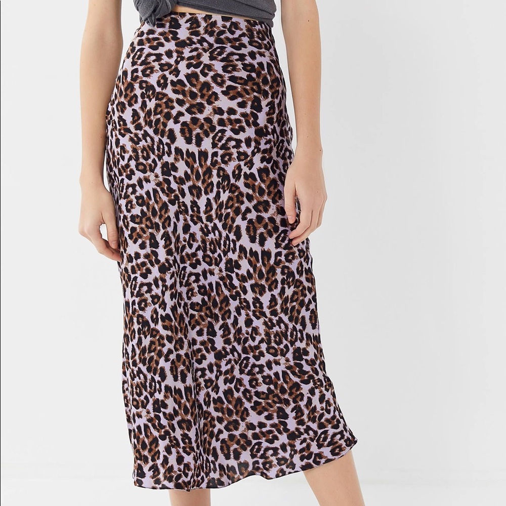 UO purple satin leopard midi skirt